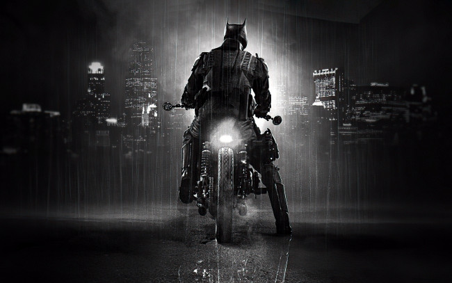 Обои картинки фото кино фильмы, the batman, бэтмен, мотоцикл, город, дождь