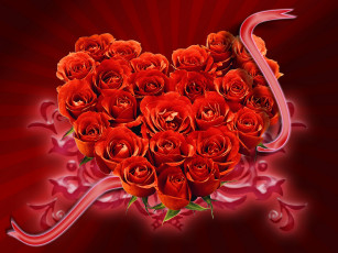 обоя праздничные, день святого валентина,  сердечки,  любовь, розы, лента