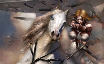 Картинка фэнтези девушки самолеты лошадь девушка оружие валькирия