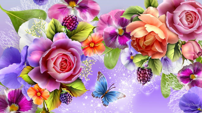 Обои картинки фото рисованное, цветы, ягоды, бабочка