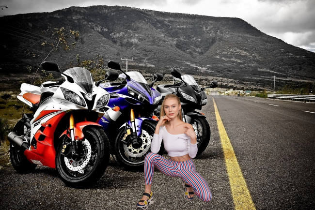 Обои картинки фото девушки, мая коноваленко , nancy a,  nancy ace, дорога, мотоциклы, поза