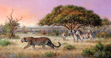 Картинка рисованное eric+forlee саванна зебры леопард деревья