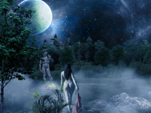 Картинка фэнтези девушки статуя ночь озеро девушка