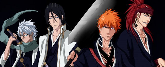 Обои картинки фото аниме, bleach, abarai, renji, kuchiki, byakuya, kurosaki, ichigo, hitsugaya, toushirou