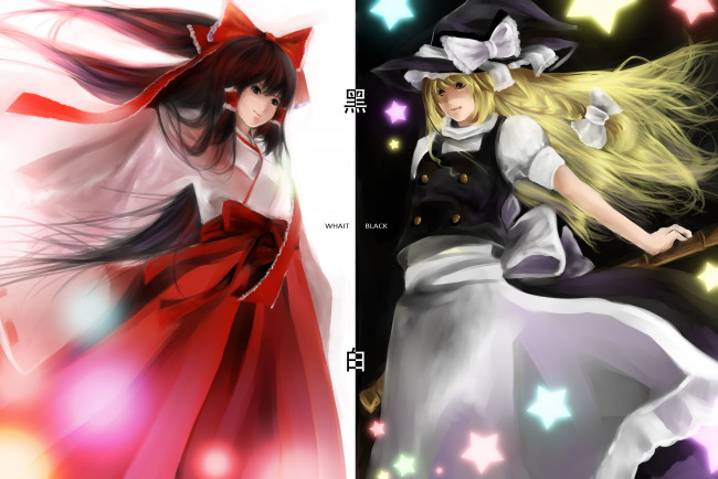 Обои картинки фото аниме, touhou, kirisame, marisa, hakurei, reimu