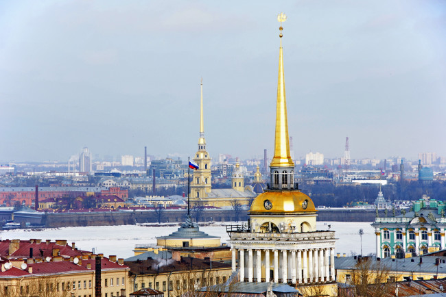 Обои картинки фото города, санкт, петербург, петергоф, россия, шпили, адмиралтейства, и, петропавловской, крепости