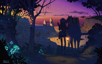 Картинка by shiwasu аниме *unknown другое фонарь цветы море лес горы закат лошадь девушка