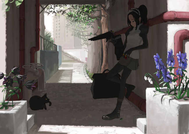 Обои картинки фото by, tagme, аниме, weapon, blood, technology, ружье, цветы, улица, кот, девушка, пули