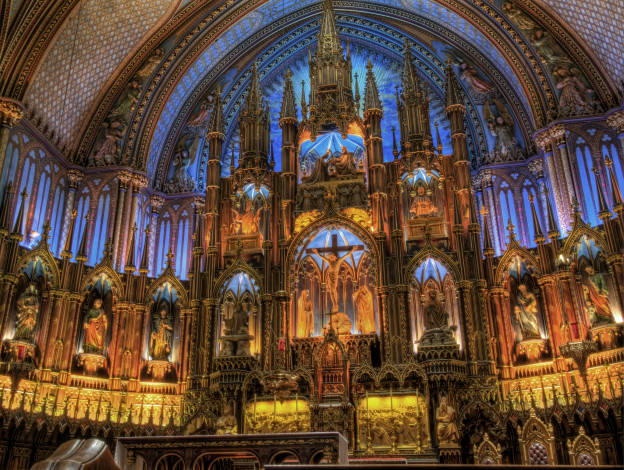 Обои картинки фото the altar of notre-dame basilica in montreal, интерьер, убранство,  роспись храма, собор