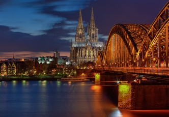 Картинка города кельн+ германия выдержка свет вечер огни мост кёльнский собор кёльн город