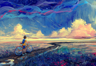 Картинка рисованное природа дорога живопись велосипед мальчик арт