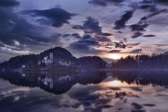 Картинка города -+пейзажи словения бледское озере вода дома утро