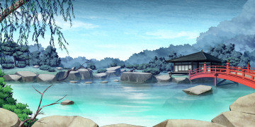 обоя аниме, kajiri kamui kagura, деревья, строение, пруд, дом, камни, мост, вода, ива, сад