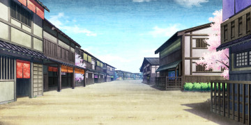 Картинка аниме kajiri+kamui+kagura облака небо дома строения сакура город деревья растения улицы здания
