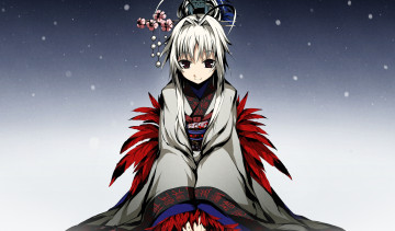 обоя аниме, kajiri kamui kagura, снег, g, yuusuke, девушка, перья, украшение, цветы, кимоно, заколка