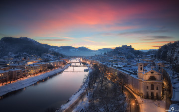 Картинка города -+панорамы австрия город зальцбург зима Январь дома огни мост река