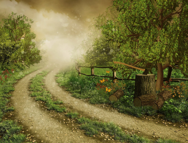 Обои картинки фото рисованное, природа, поленья, блики, забор, бабочки, топор, деревья, трава, туман, дорога, лес