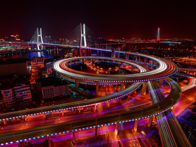 Обои картинки фото города, шанхай , китай, выдержка, огни, ночь, nanpu, bridge, мост, шанхай, город