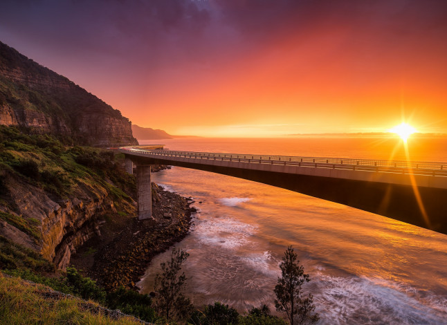 Обои картинки фото природа, восходы, закаты, солнце, мост, берег, океан