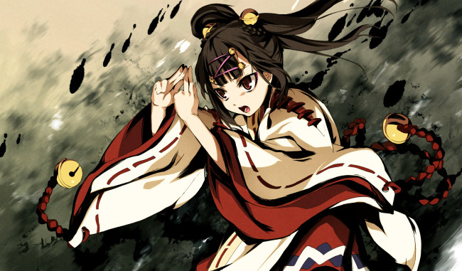 Обои картинки фото аниме, kajiri kamui kagura, девушка, g, yuusuke, движение, кимоно, заклинание, свет, mikado, ryuusui, заколка, шнурок, стойка, колокольчик