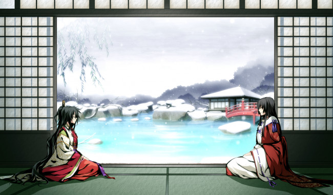 Обои картинки фото аниме, kajiri kamui kagura, девушка, mikado, ryuumei, татами, зима, сад, koga, rindou, g, yuusuke, вода, мост, камни, деревья, кимоно, ива, пруд, строения, снег, мужчина
