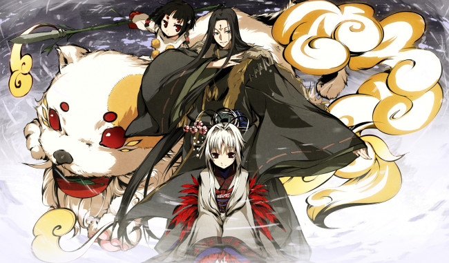 Обои картинки фото аниме, kajiri kamui kagura, девушки, мужчина, оружие, мех, цветок, teirei, niko, кимоно, зверь, животное, перья, татуировка, украшение, madara, yakou, g, yuusuke, kyougetsu, sakuya, копье