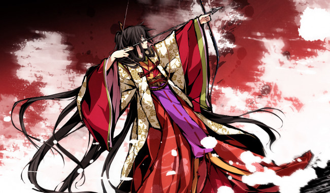 Обои картинки фото аниме, kajiri kamui kagura, g, yuusuke, лук, заколка, кимоно, koga, rindou, девушка, оружие