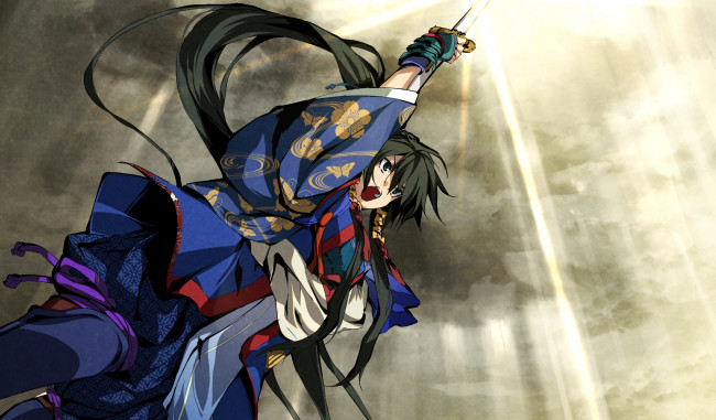 Обои картинки фото аниме, kajiri kamui kagura, кимоно, g, yuusuke, клич, девушка, koga, rindou, небо, оружие, доспехи, тучи, свет