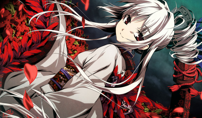 Обои картинки фото аниме, kajiri kamui kagura, кимоно, небо, девушка, g, yuusuke, лепестки, розы, тучи, заколка, перья, цветы, украшение