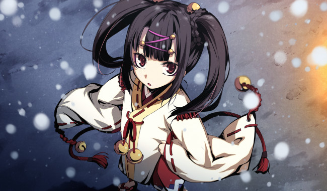 Обои картинки фото аниме, kajiri kamui kagura, mikado, ryuusui, шнурок, заколка, колокольчик, кимоно, свет, снег, девушка, g, yuusuke
