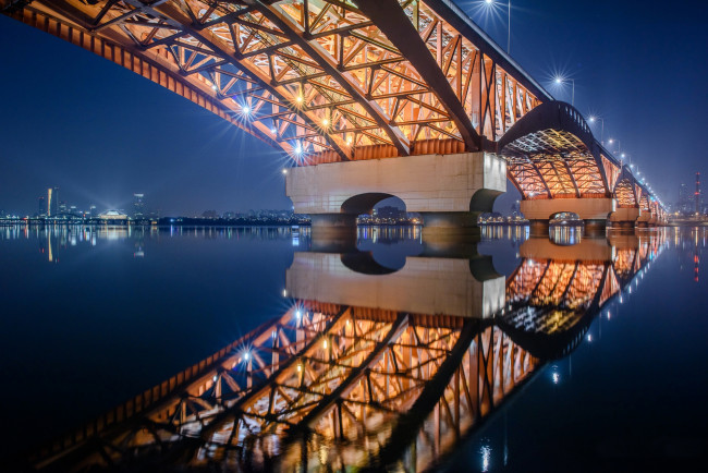Обои картинки фото города, - мосты, сеул, город, корея, огни, ночь, seongsandaegyo, мост