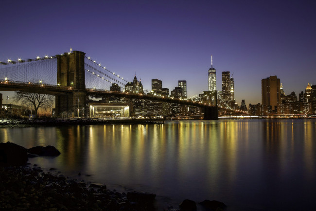 Обои картинки фото manhattan, города, нью-йорк , сша, мост, пролив, ночь