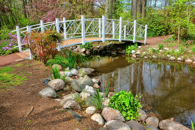 Обои картинки фото природа, парк, камни, мостик, весна, река