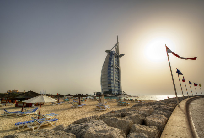 Обои картинки фото burj al arab hotel, города, дубай , оаэ, пляж, отель, солнце