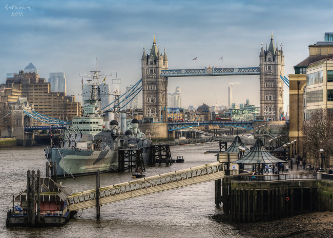 Обои картинки фото tower bridge,  london, города, лондон , великобритания, река, мост, город, крейсер