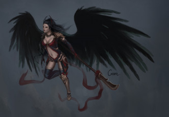 Картинка фэнтези демоны взгляд девушка арт фон оружие падший ангел черные крылья
