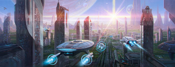 Картинка фэнтези иные+миры +иные+времена мир будущего город мегаполис небоскребы фантастика планета транспорт art
