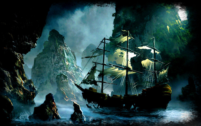 Обои картинки фото ghost-ship, фэнтези, корабли, пиратский, грот, корабль, призрак