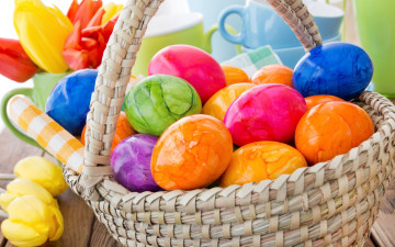 Картинка праздничные пасха цветы eggs flowers spring decoration корзина весна яйца крашеные happy tulips easter colorful тюльпаны