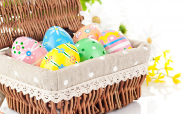 Картинка праздничные пасха фон holidays цветы eggs яйца easter colorful wicker крашенные background корзина весна
