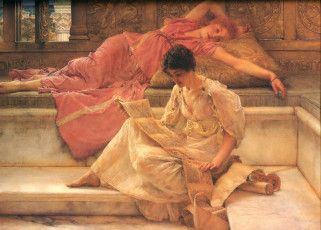 Картинка the+favourite+poet +sir+lawrence+alma-tadema рисованное lawrence+alma-tadema чтение подушки фрески женщины свиток
