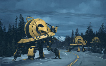 Картинка фэнтези роботы +киборги +механизмы лес горы машины cablers дорога