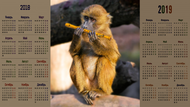 Обои картинки фото календари, животные, флейта, обезьяна