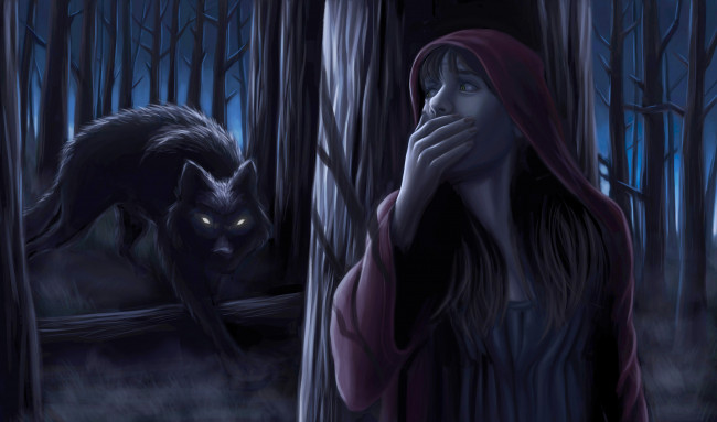 Обои картинки фото фэнтези, красавицы и чудовища, девушка, волк, лес