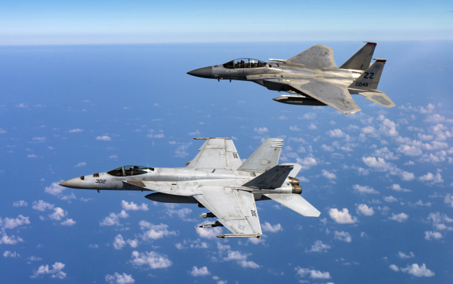 Обои картинки фото авиация, боевые самолёты, истребители, f-15d, eagle, fa-18e, super, hornet