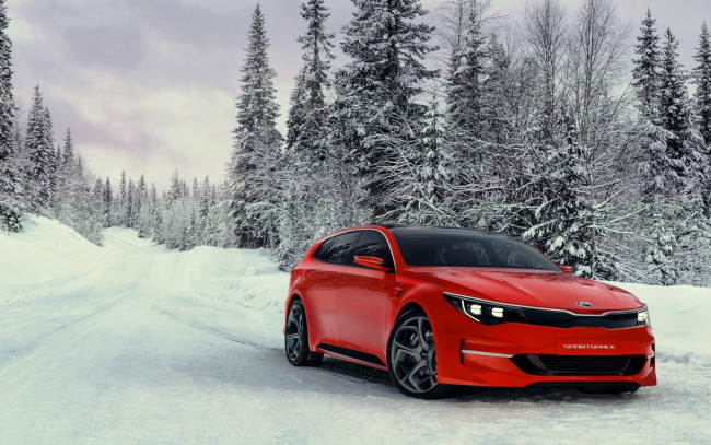 Обои картинки фото автомобили, kia, лес, зима, снег, красный, дорога, sportspace, concept, киа