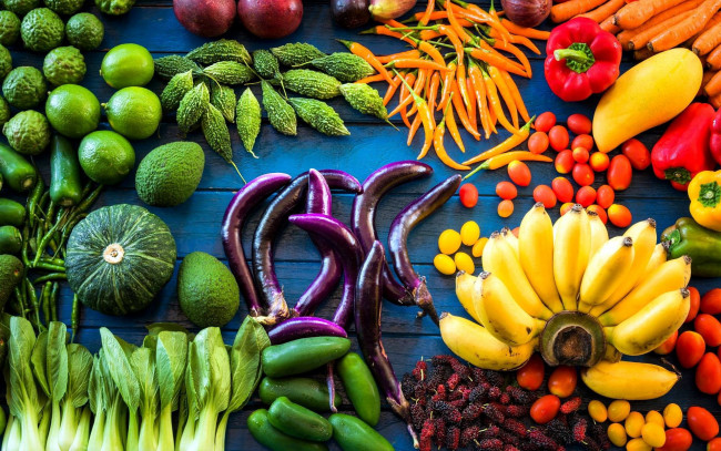 Обои картинки фото еда, фрукты и овощи вместе, перец, баклажан, бананы, лайм