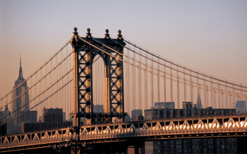обоя города, нью-йорк , сша, здания, мост, закат