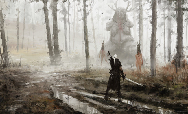 Обои картинки фото видео игры, the witcher 3,  wild hunt, жрицы, статуя, ведьмак, лес
