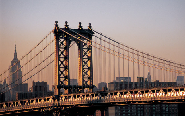 Обои картинки фото города, нью-йорк , сша, здания, мост, закат